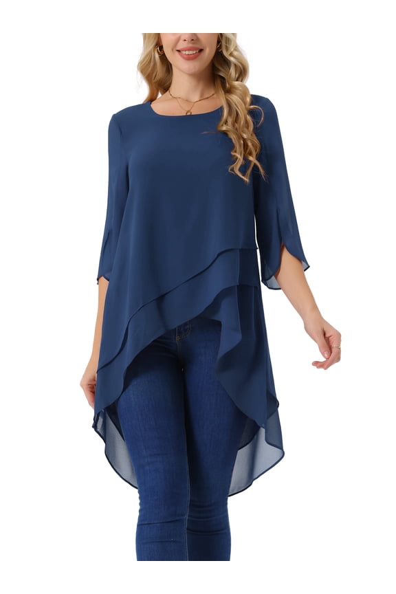 Women's High Low Tops Scoop Neck Chiffon Blouse Asymmetrical Loose Shirt 3/4 Sleeve Casual Summer Tops M Dark Blue