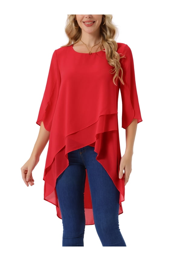 Women's High Low Tops Scoop Neck Chiffon Blouse Asymmetrical Loose Shirt 3/4 Sleeve Casual Summer Tops S Red