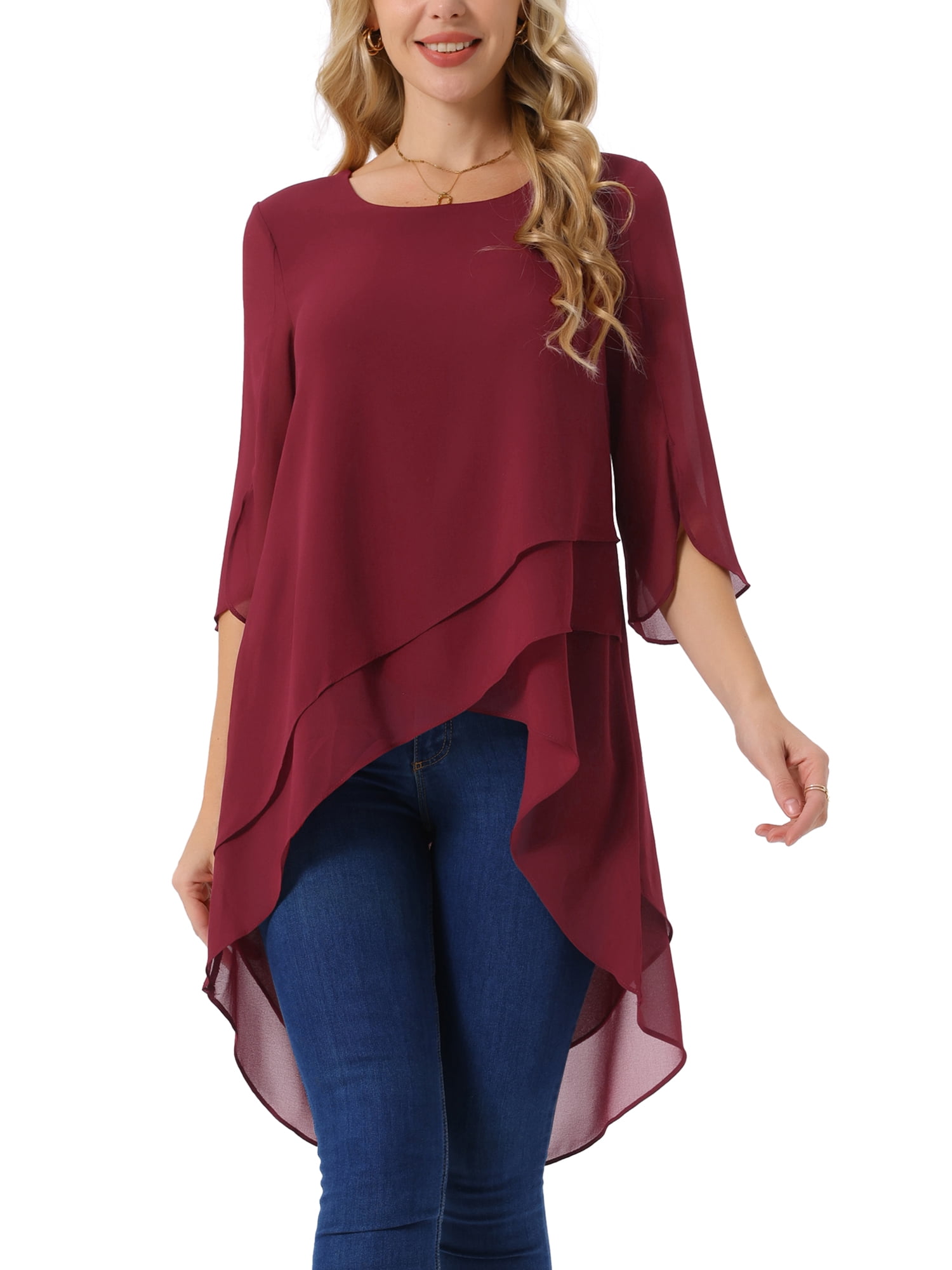 INSPIRE CHIC Women's Round Neck 3/4 Ruffle Split Sleeve High Low