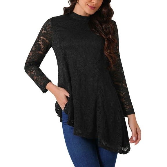 INSPIRE CHIC Women's Lace Tops Long Sleeve Mock Neck Asymmetric Hem Casual Elegant Blouses Shirts