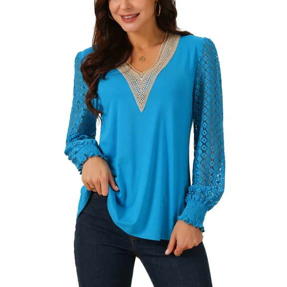 INSPIRE CHIC Women's Lace V Neck Long Sleeve Simple Casual Tops Fall Winter Fashion T Shirt