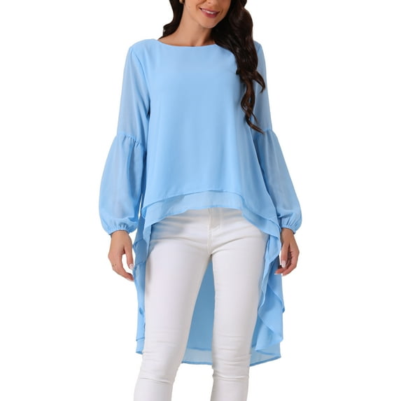 Women's High Low Tops Lantern Long Sleeve Round Neck Dressy Casual Chiffon Asymmetrical Tops Blouse M Sky Blue