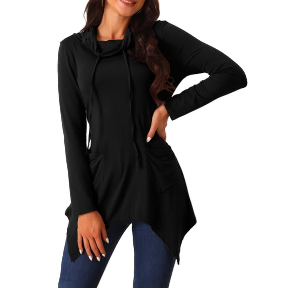 INSPIRE CHIC Women's Long Sleeve Cowl Neck Asymmetrical Hem Tunic Tops with Pockets Black S