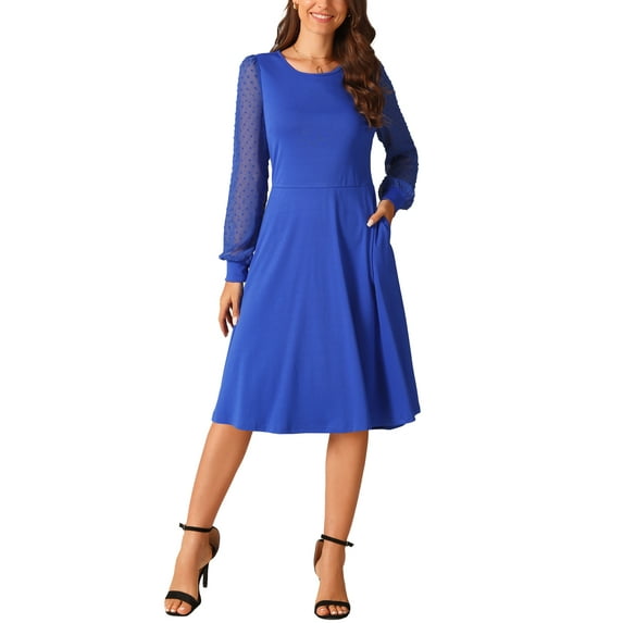 INSPIRE CHIC Women's Long Sleeve Dresses Round Neck Elegant Cocktail Party Work Knee Length Dress XL Royal Blue