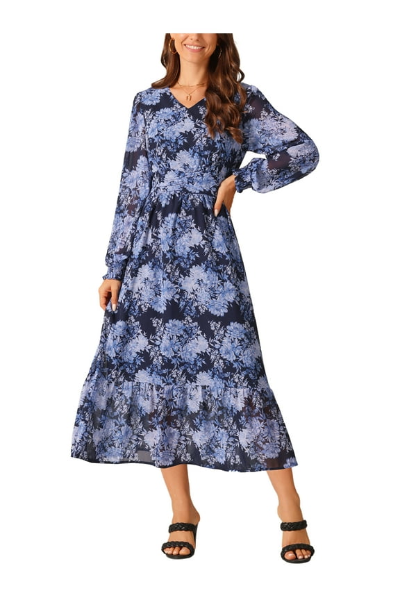 Easter Women's Chiffon Dresses Long Sleeves Semi Sheer Ruffle Tiered Boho Floral Dress with Pocket Dark Blue L