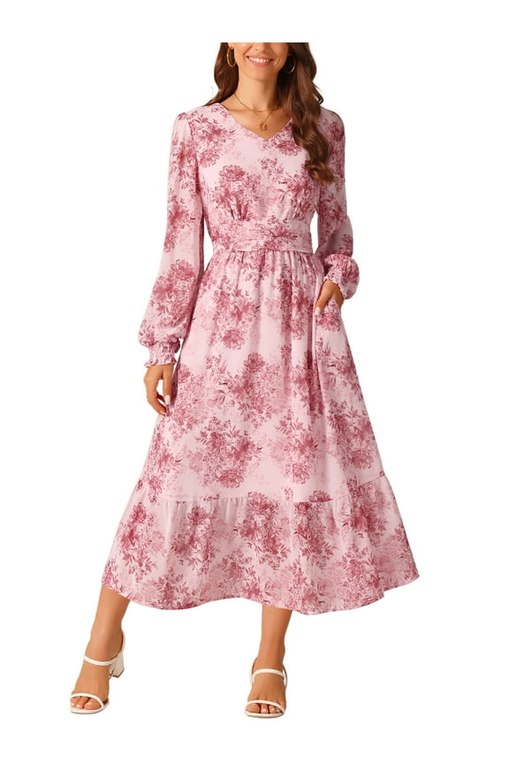 Women's Chiffon Dresses Long Sleeves Semi Sheer Ruffle Tiered Boho Floral Dress with Pocket L Pink
