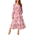 thumbnail image 1 of INSPIRE CHIC Women's Chiffon Dresses Long Sleeves Semi Sheer Ruffle Tiered Boho Floral Dress with Pocket S Pink, 1 of 5