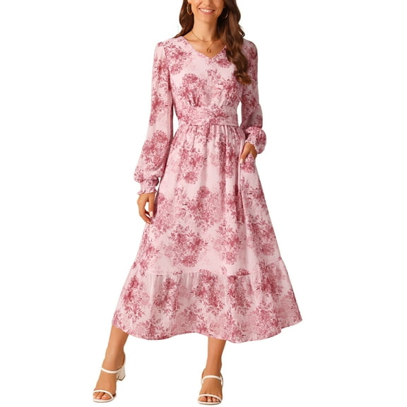 INSPIRE CHIC Women's Chiffon Dresses Long Sleeves Semi Sheer Ruffle Tiered Boho Floral Dress with Pocket S Pink