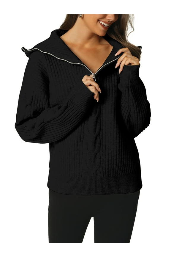 Women 's Long Sleeve Half Zip V Neck Collar Ribbed Knitted Sweaters Jumper Top M Black