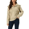 thumbnail image 1 of INSPIRE CHIC Women 's Long Sleeve Half Zip V Neck Collar Ribbed Knitted Sweaters Jumper Top XL Khaki, 1 of 6