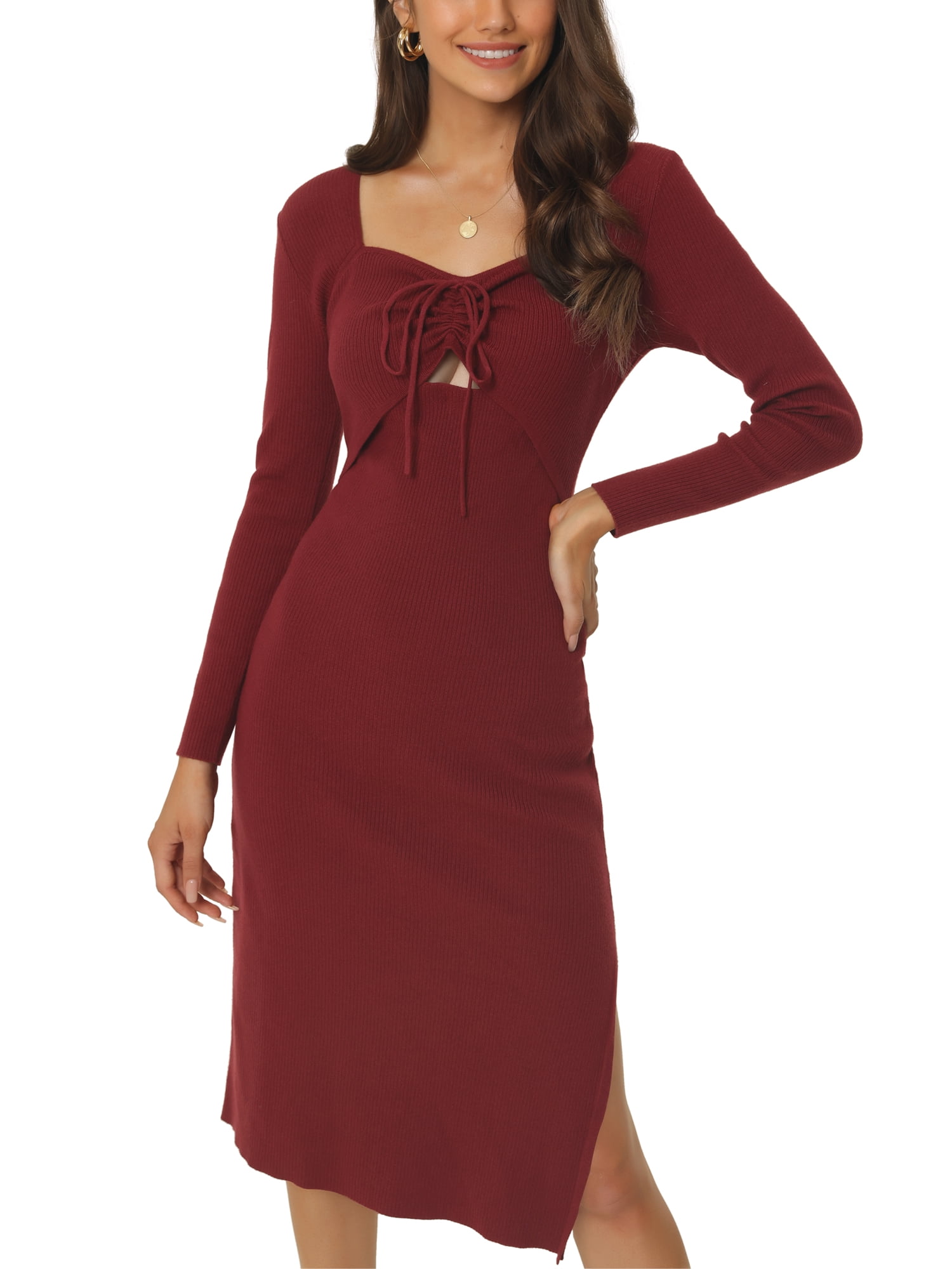Sweetheart Neck Long Sleeve Elegant Knitted Dress Autumn Winter Slit Sexy Bodycon Dress