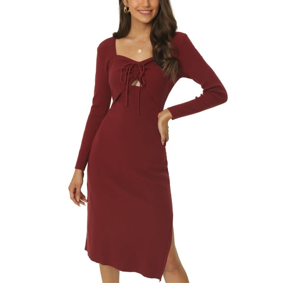 INSPIRE CHIC Women's Long Sleeve Sweetheart Neck Ruched Drawstring Side Slit Knit Bodycon Sweater Midi Dress L Wine Red