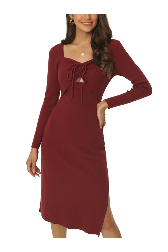 Women's Long Sleeve Sweetheart Neck Ruched Drawstring Side Slit Knit Bodycon Sweater Midi Dress M Wine Red