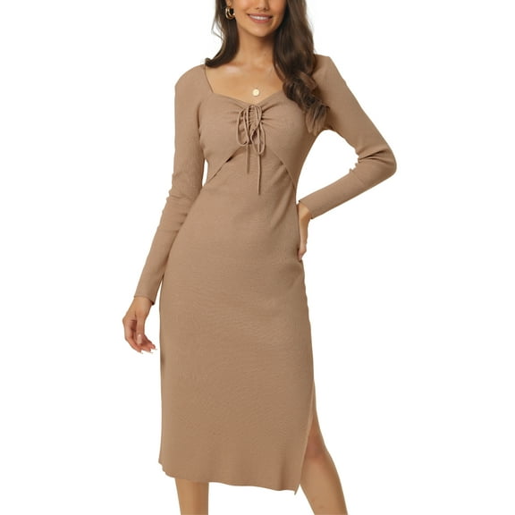 INSPIRE CHIC Women's Long Sleeve Sweetheart Neck Ruched Drawstring Side Slit Knit Bodycon Sweater Midi Dress L Khaki