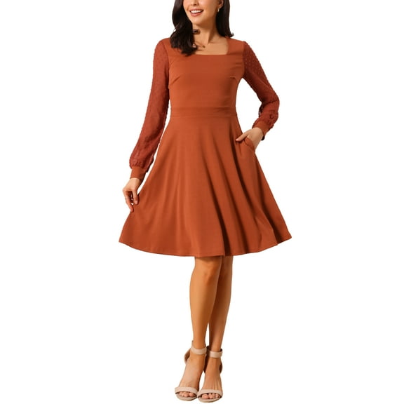 INSPIRE CHIC Women's Long Sleeve Swiss Dots Square Neck Knee Length Casual Dress with Pockets M Caramel