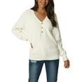 thumbnail image 1 of INSPIRE CHIC Women's Long Sleeve V Neck Button Down Ribbed Knit Casual Pullover Sweater Top L White, 1 of 6