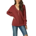 thumbnail image 1 of INSPIRE CHIC Women's Long Sleeve V Neck Button Down Ribbed Knit Casual Pullover Sweater Top L Wine Red, 1 of 6