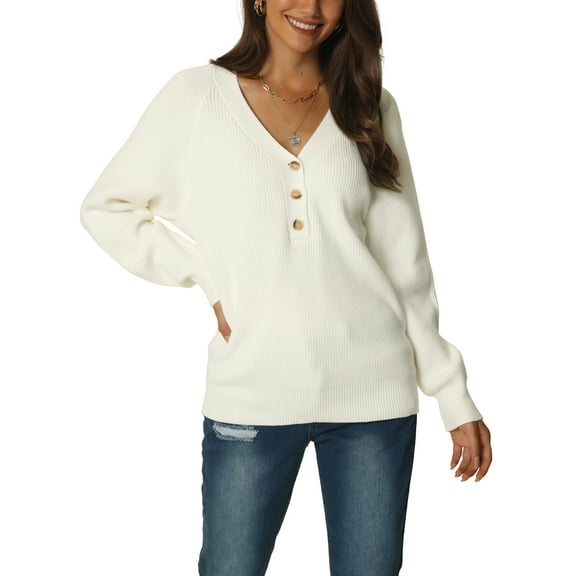 INSPIRE CHIC Women's Long Sleeve V Neck Button Down Ribbed Knit Casual Pullover Sweater Top S White