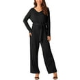 thumbnail image 1 of INSPIRE CHIC Women's Long Sleeve V Neck Jumpsuit Belted Back Zipper Stretchy Wide Leg Long Pant Romper, 1 of 4