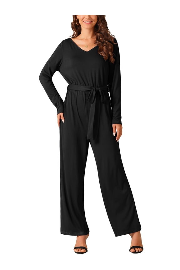 Women's Long Sleeve V Neck Jumpsuit Belted Back Zipper Stretchy Wide Leg Long Pant Romper