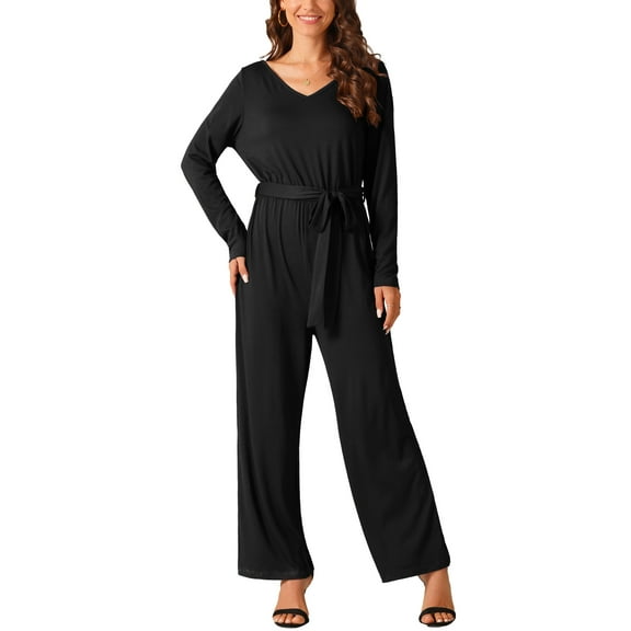 INSPIRE CHIC Women's Long Sleeve V Neck Jumpsuit Belted Back Zipper Stretchy Wide Leg Long Pant Romper