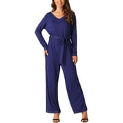 INSPIRE CHIC Women's Long Sleeve V Neck Jumpsuit Belted Back Zipper Stretchy Wide Leg Long Pant Romper