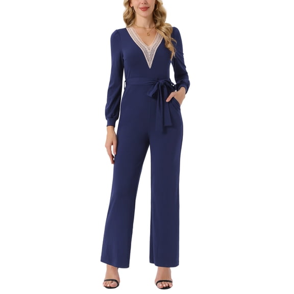 INSPIRE CHIC Women's Long Sleeve V Neck Jumpsuit Belted Stretchy Wide Leg Long Pant Romper with Pockets S Navy Blue