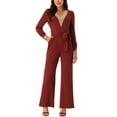 thumbnail image 1 of INSPIRE CHIC Women's Long Sleeve V Neck Jumpsuit Belted Stretchy Wide Leg Long Pant Romper with Pockets, 1 of 4