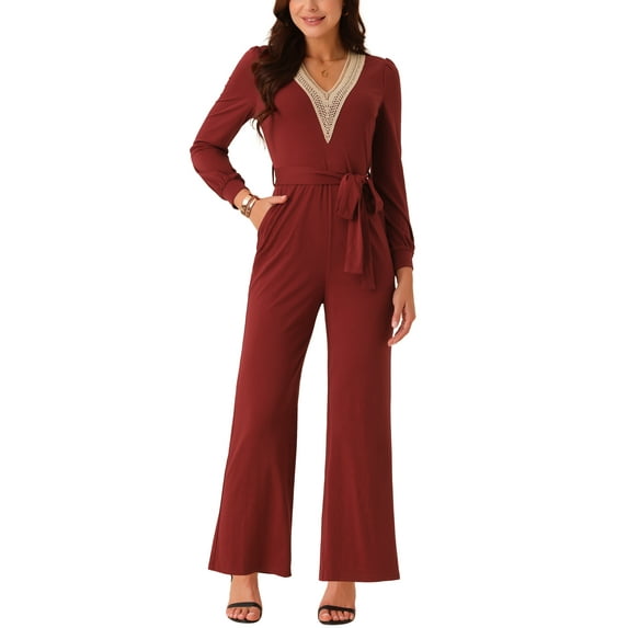 INSPIRE CHIC Women's Long Sleeve V Neck Jumpsuit Belted Stretchy Wide Leg Long Pant Romper with Pockets