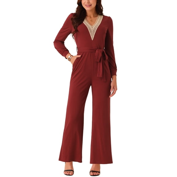 INSPIRE CHIC Women's Long Sleeve V Neck Jumpsuit Belted Stretchy Wide Leg Long Pant Romper with Pockets