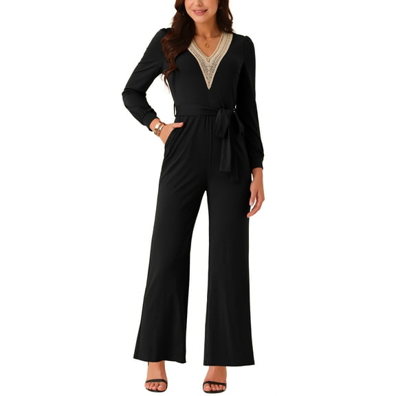 INSPIRE CHIC Women's Long Sleeve V Neck Jumpsuit Belted Stretchy Wide Leg Long Pant Romper with Pockets XL Black