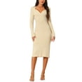 thumbnail image 1 of INSPIRE CHIC Women's Long Sleeve V Neck Twist Front Slim Fit Knit Side Slit Midi Sweater Dress M Beige, 1 of 6