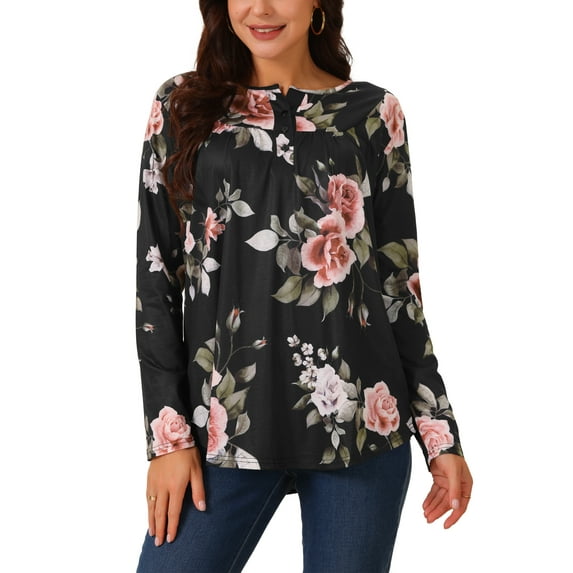 INSPIRE CHIC Women's Loose Fit Tunic Tops Long Sleeve Casual Floral Printed Henley V Neck Shirts