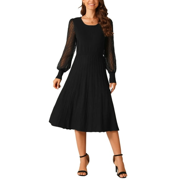 INSPIRE CHIC Women's Mesh Puff Long Sleeve Dress Crewneck Pleated Ribbed Knit Midi Dress Casual Sweater Dresses
