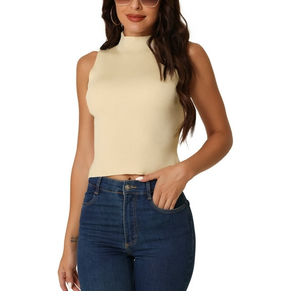INSPIRE CHIC Women's Mock Neck Knit Sleeveless Casual Trendy Ribbed Pullover Tank Tops L Beige