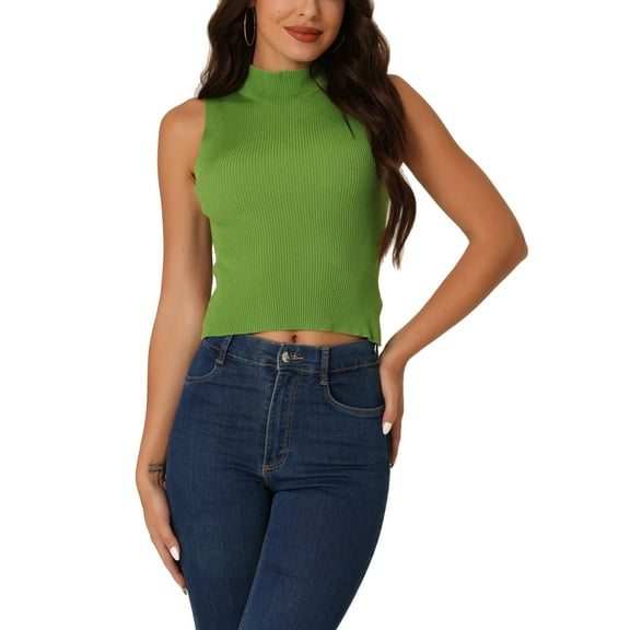 INSPIRE CHIC Women's Mock Neck Knit Sleeveless Casual Trendy Ribbed Pullover Tank Tops S Green