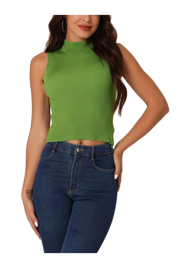 Women's Mock Neck Knit Sleeveless Casual Trendy Ribbed Pullover Tank Tops S Green