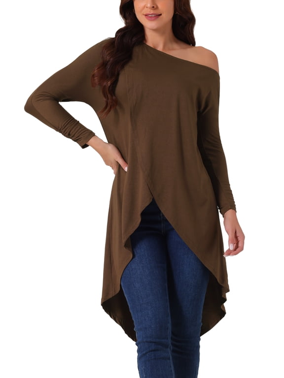 Women's One Shoulder Long Sleeve High Low Asymmetrical Irregular Hem Casual Tops M Dark Brown