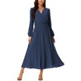thumbnail image 1 of INSPIRE CHIC Women's Pleated Dress Puff Long Sleeve V Neck Belt Waist Dress L Navy Blue, 1 of 2