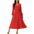 thumbnail image 1 of INSPIRE CHIC Women's Pleated Dress Puff Long Sleeve V Neck Belt Waist Dress L Red, 1 of 3