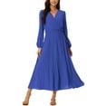 thumbnail image 1 of INSPIRE CHIC Women's Pleated Dress Puff Long Sleeve V Neck Belt Waist Dress L Royal Blue, 1 of 2