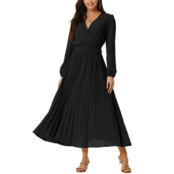 INSPIRE CHIC Women's Pleated Dress Puff Long Sleeve V Neck Belt Waist Dress XL Black