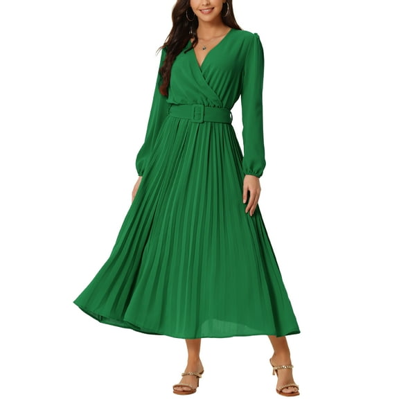 INSPIRE CHIC Women's Pleated Dress Puff Long Sleeve V Neck Belt Waist Dress XL Dark Green