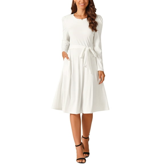 INSPIRE CHIC Women's Puff Long Sleeve Crewneck Knee Length Tie Waist Casual Dress with Pockets