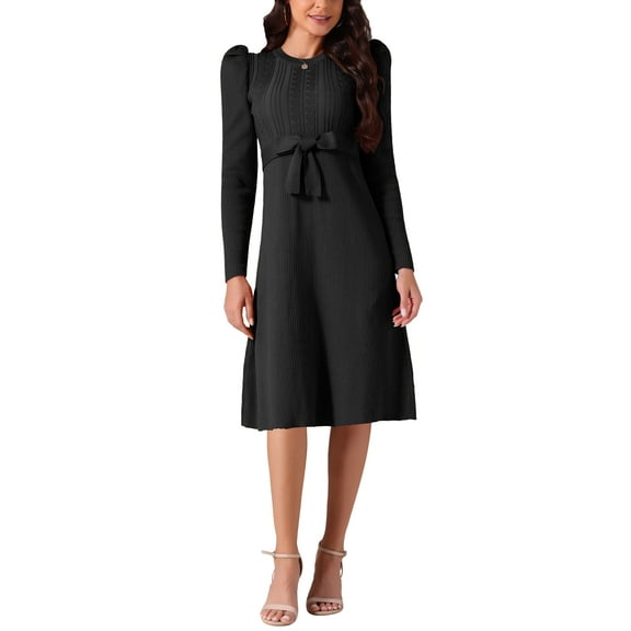 INSPIRE CHIC Women's Puff Long Sleeve Sweater Dresses Crewneck Tie Waist A-Line Swing Casual Ribbed Knit Midi Dress