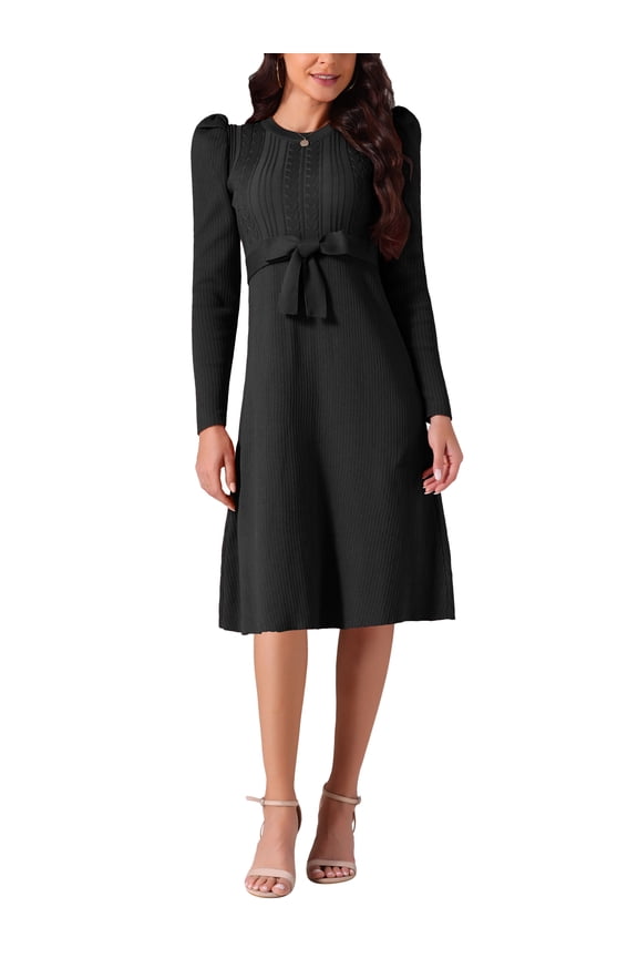 Women's Puff Long Sleeve Sweater Dresses Crewneck Tie Waist A-Line Swing Casual Ribbed Knit Midi Dress
