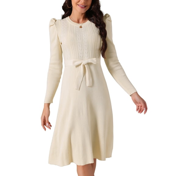 INSPIRE CHIC Women's Puff Long Sleeve Sweater Dresses Crewneck Tie Waist A-Line Swing Casual Ribbed Knit Midi Dress