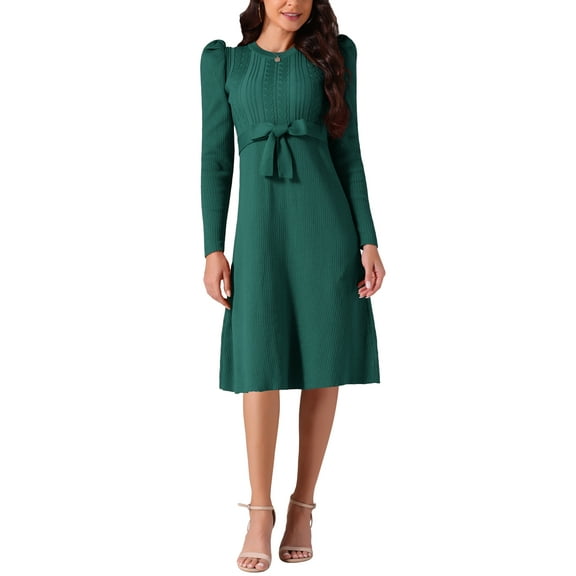 INSPIRE CHIC Women's Puff Long Sleeve Sweater Dresses Crewneck Tie Waist A-Line Swing Casual Ribbed Knit Midi Dress