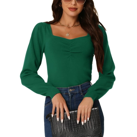 INSPIRE CHIC Women's Rib Knit Pullover Puff Sleeve Sweetheart Neck Solid Color Jumper Tops