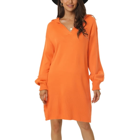 INSPIRE CHIC Women's Ribbed Hem Pullover Jumper V Neck Long Sleeve Knit Mini Sweater Midi Dress S Orange